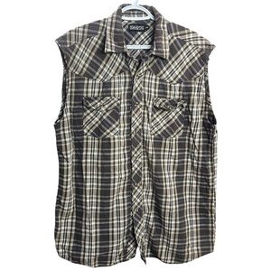 DAKOTA Plus Size Sleeveless Shirt Men Plaid Brown‎ Cowboy Tank Top Country Style